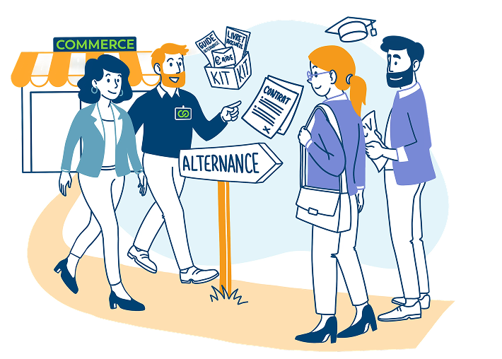 Illustration montrant des recruteurs du secteur commerce accueillant des étudiants avec un contrat et un kit de bienvenue, sous un panneau ALTERNANCE